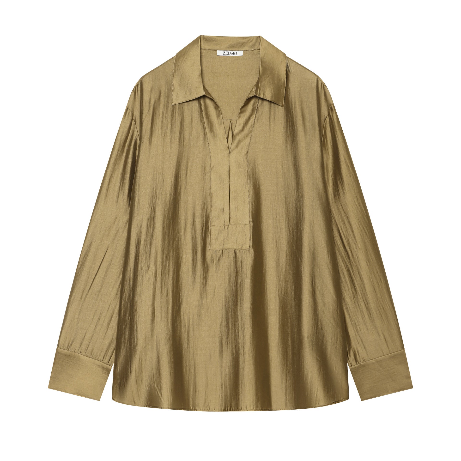 Women's Oversized Satin Blouse with Shirt Collar, Concealed Button Placket and Cuffs Chichicherry