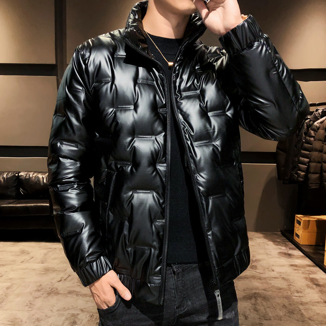 Men's Shiny Thermal Quilted Jacket with Square Quilt and High-Closing Stand-Up Collar Chichicherry