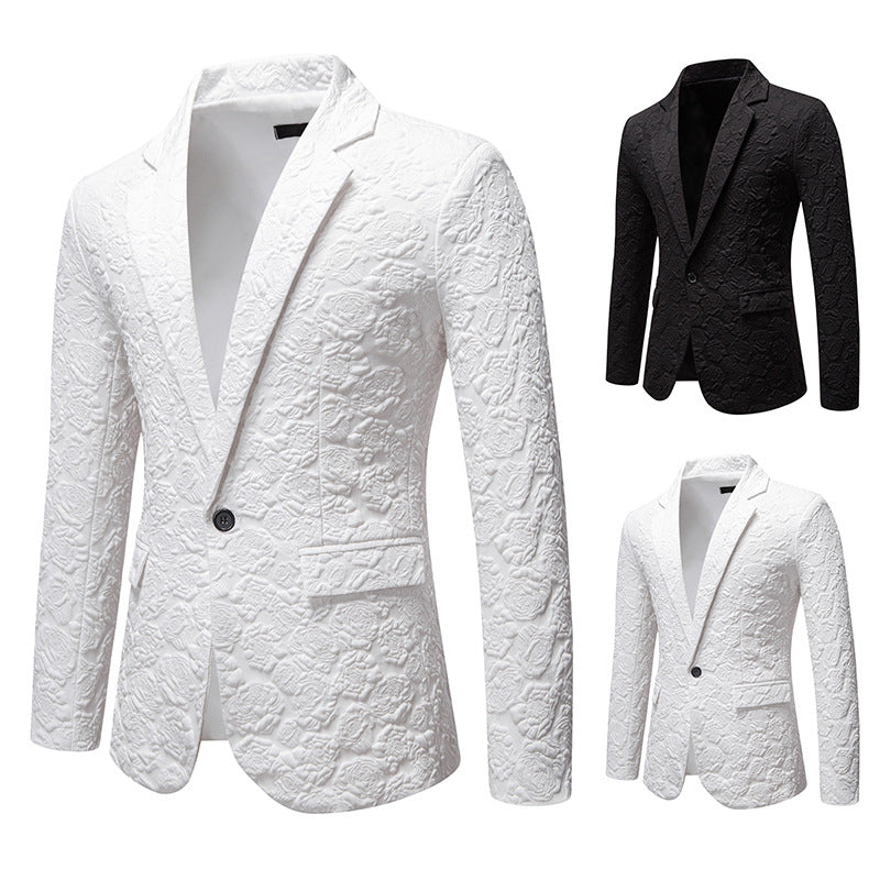 Men's Tailored Single-Button Jacket with Embossed Floral Jacquard Texture and Patch Pockets Chichicherry