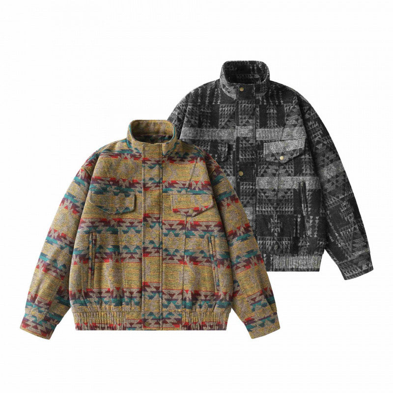 Unisex Boxy Jacquard Wool Bomber Jacket with Stand-Up Collar, Flap Pockets, and Elastic Hem Chichicherry