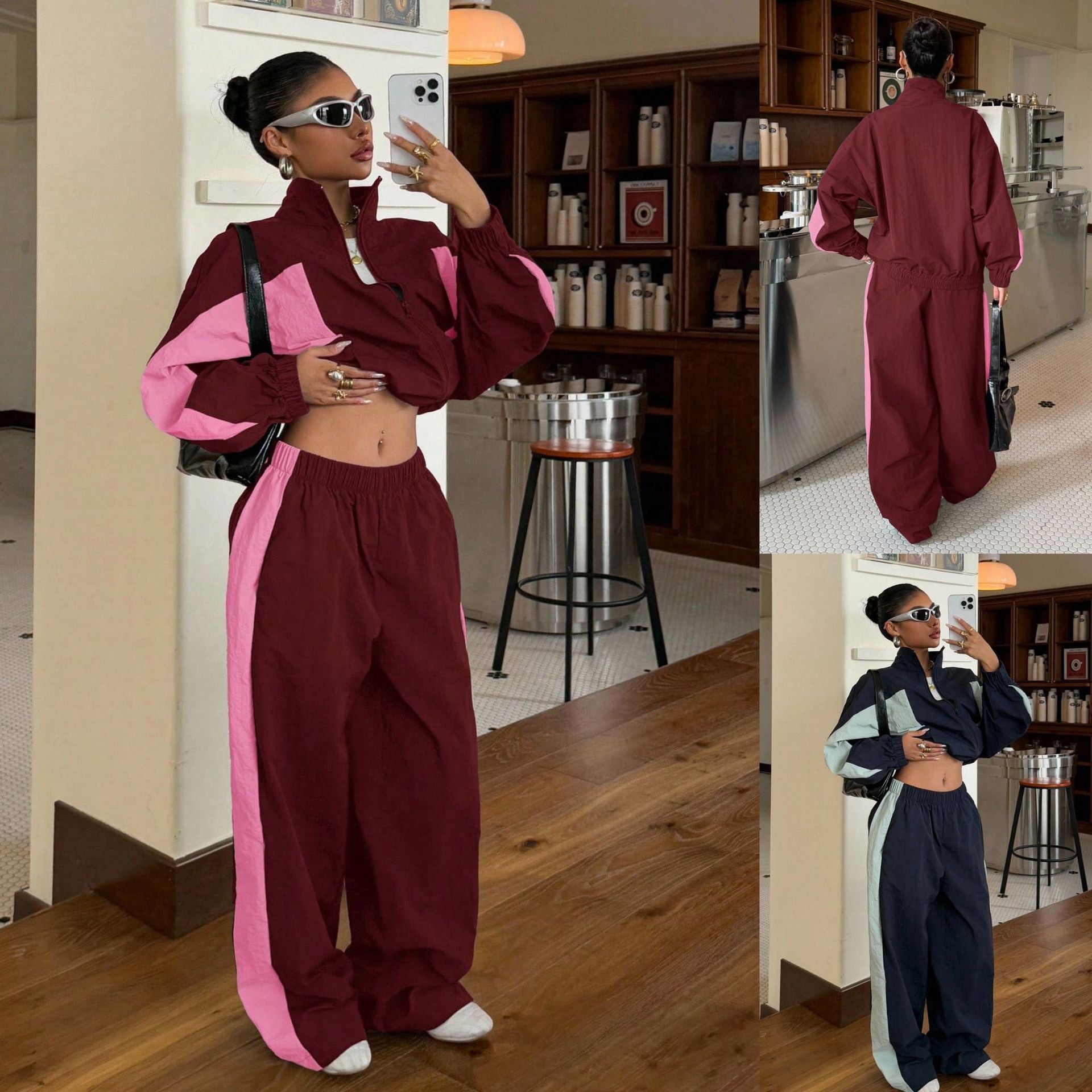 Women's Cropped Training Jacket and High-Cut Wide-Leg Jogging Pants Set Chichicherry