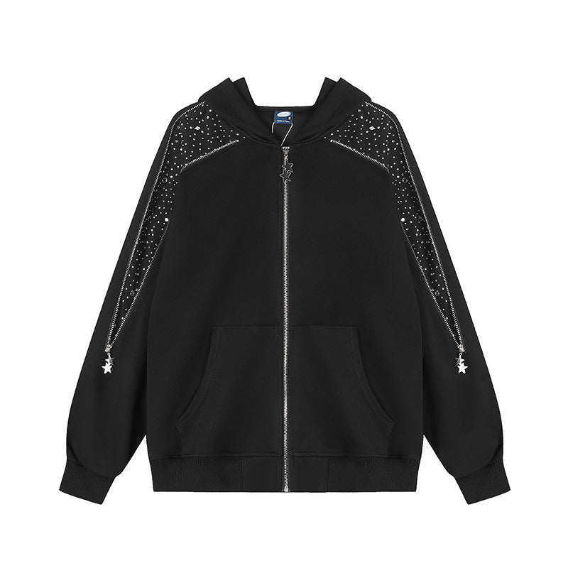 Women's hooded sweat jacket with decorative stone shoulder panel, star zipper, and oversized silhouette Chichicherry