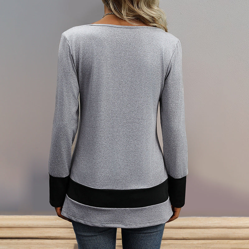 Women's long sleeve with deep V-neck, decorative button placket and contrast borders Chichicherry