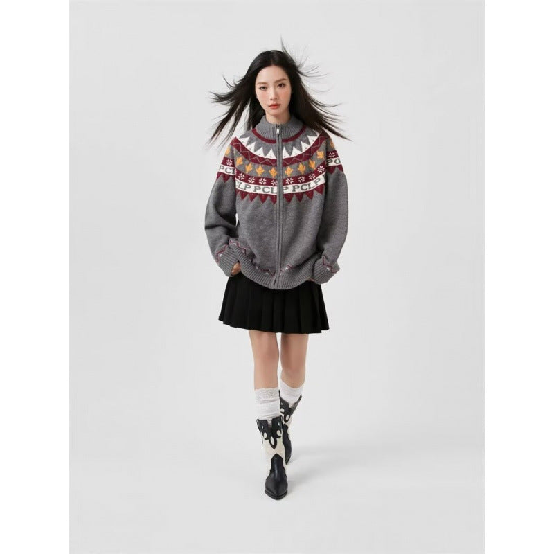 Damen Lässige Strick-Zipjacke mit Jacquard-Yoke und Rippbündchen Chichicherry