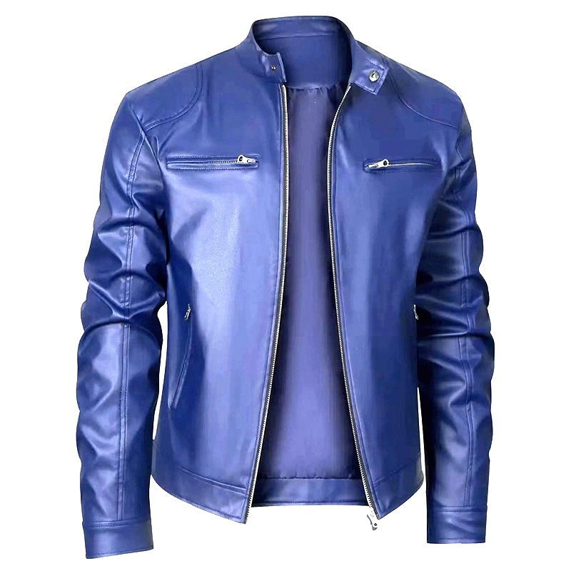 Men's leather jacket in biker style with stand-up collar and zipper pockets Chichicherry