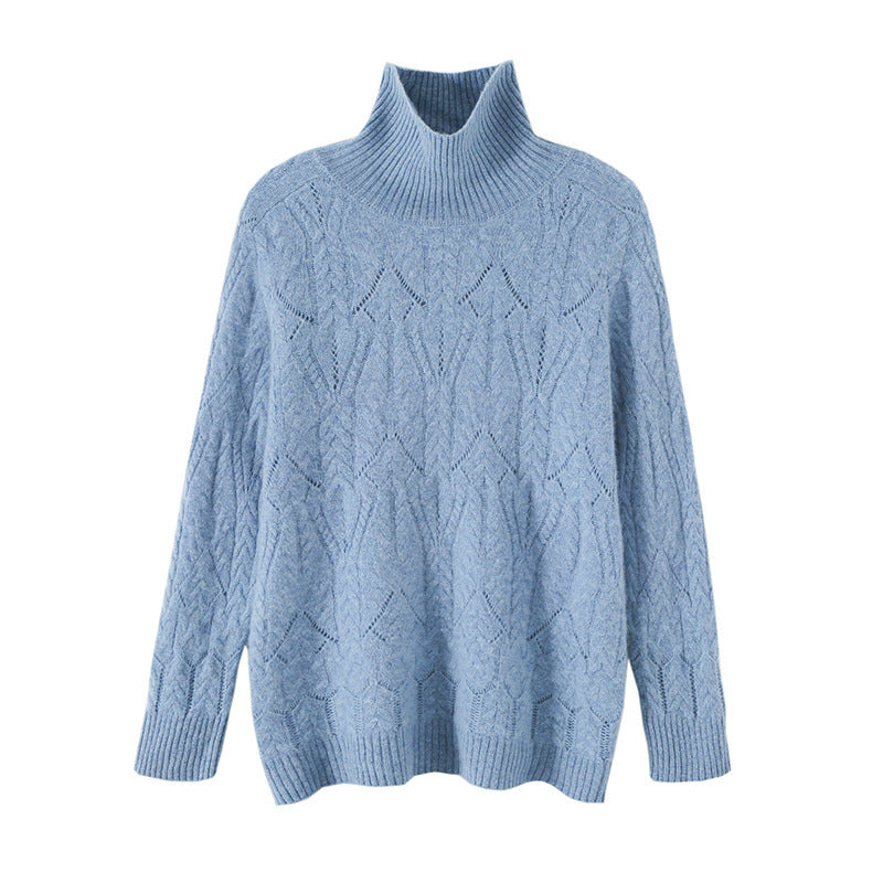 Women's Soft Mohair-Look Oversized Roll Neck Sweater with Lace Cable Structure Chichicherry