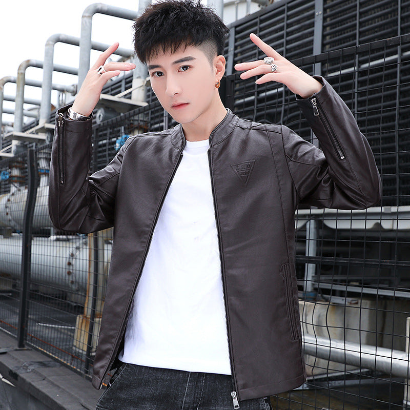 Men's slim-fit faux leather motorcycle jacket with minimalist stand-up collar and zipper detail Chichicherry
