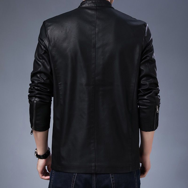 Men's slim-fit faux leather flight jacket with stand-up collar and zipper closure Chichicherry