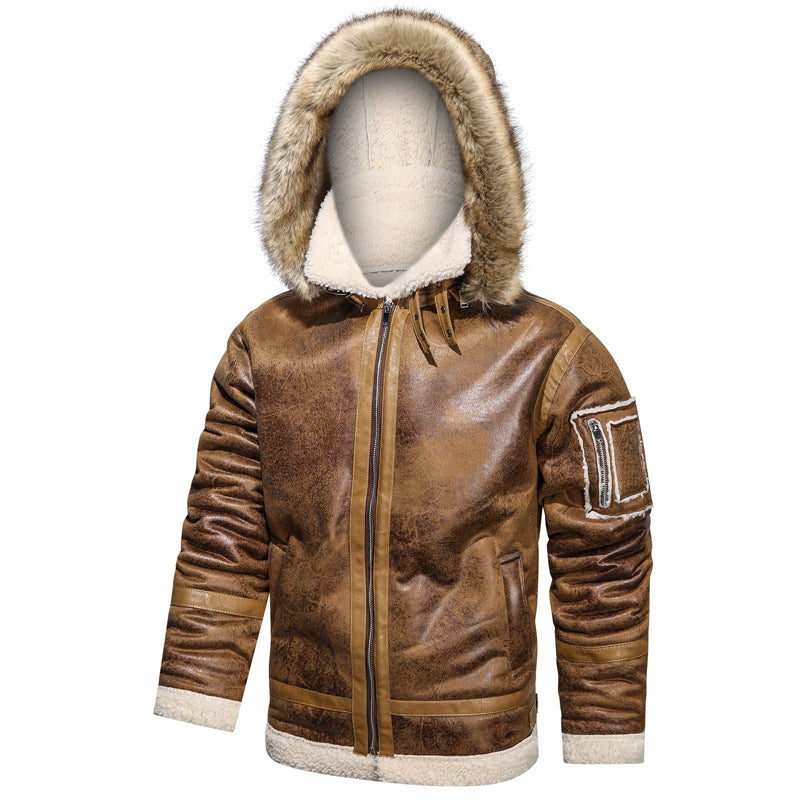 Men's aviator jacket made of vintage leather look with teddy lining and hood Chichicherry