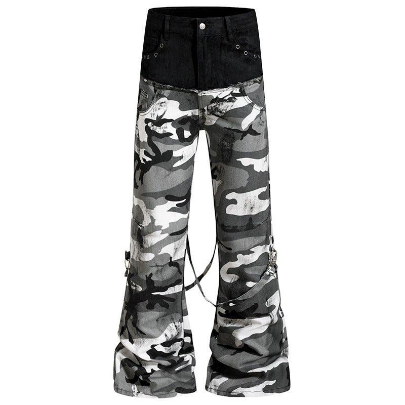 Ladies Wide High-Waist Cargo Pants in Camouflage Look with Bondage Straps Chichicherry