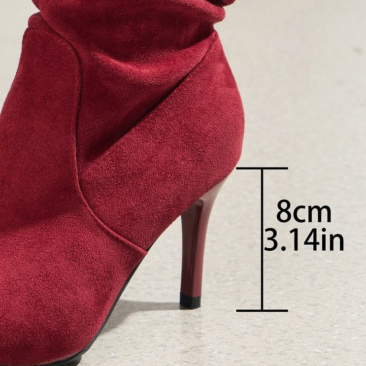 Ladies Ruched Knee-high Velour Boots with Pointed Toe and Sleek Stiletto Heel Chichicherry