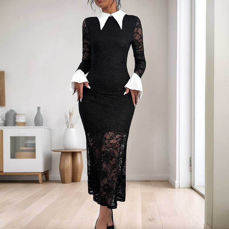 Women Figure-hugging Midi Lace Dress with Contrasting Shirt Collar Chichicherry