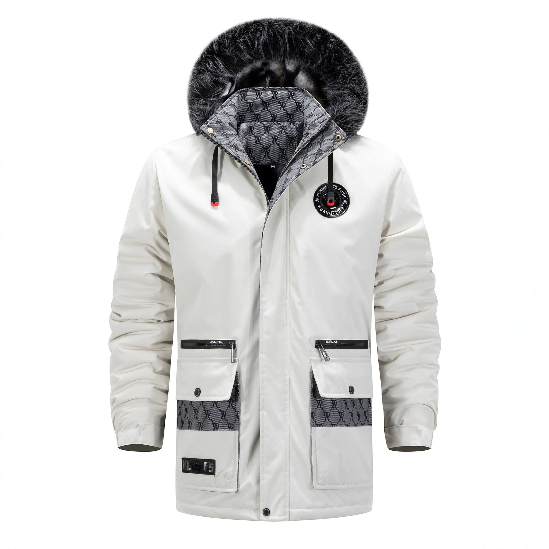 Men's Long Thermal Parka with Hood, Logo Lining and Multifunctional Pockets Chichicherry
