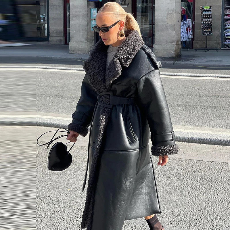 Women's Oversize Shearling Coat with Belt and Teddy Lining Chichicherry