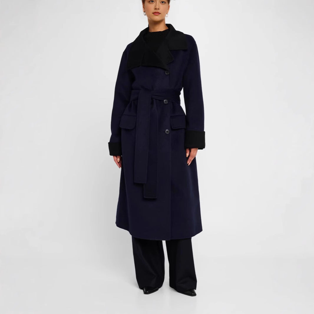 Women's tailored wool blend coat with tie belt, contrast lapel and flap pockets Chichicherry