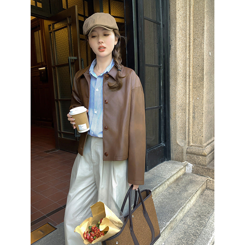 Women Short Boxy Leather Jacket with Shirt Collar Chichicherry