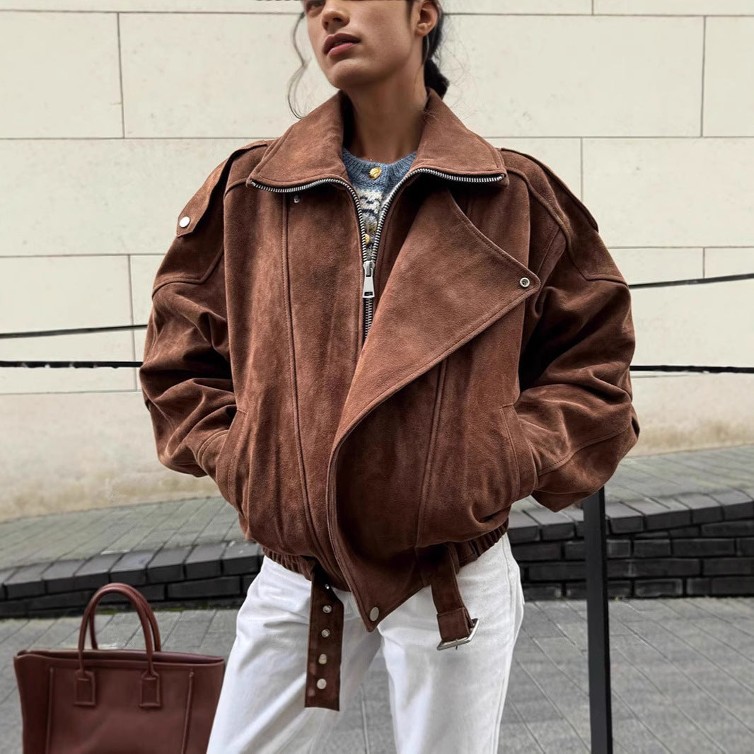Women Oversized Suede Bomber Jacket with Waist Belt and Shawl Collar Chichicherry