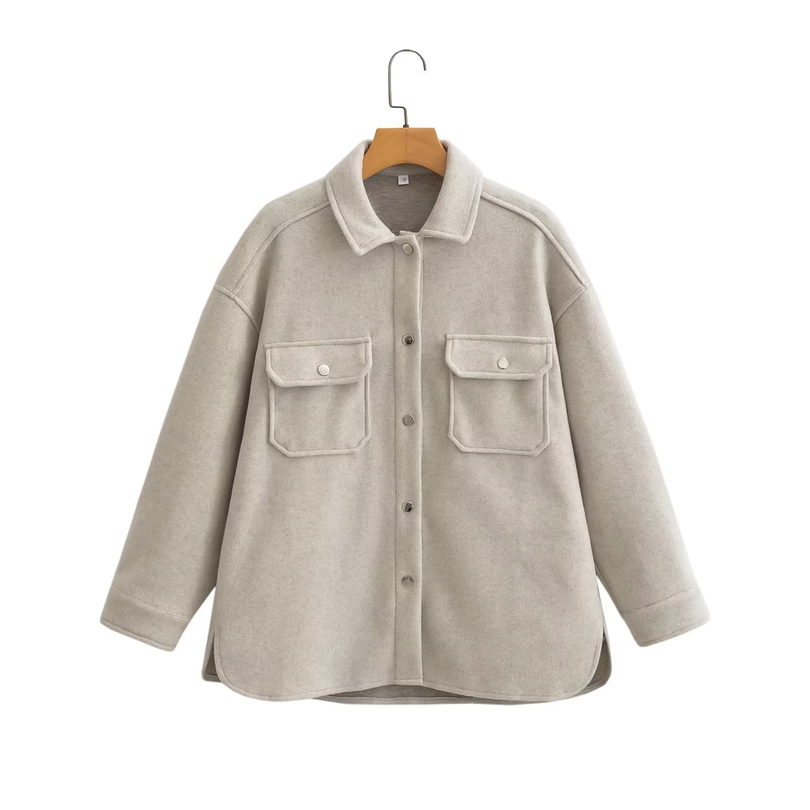 Women Oversize Wool Blend Shacket with Snap Button Front and Patch Pockets Chichicherry