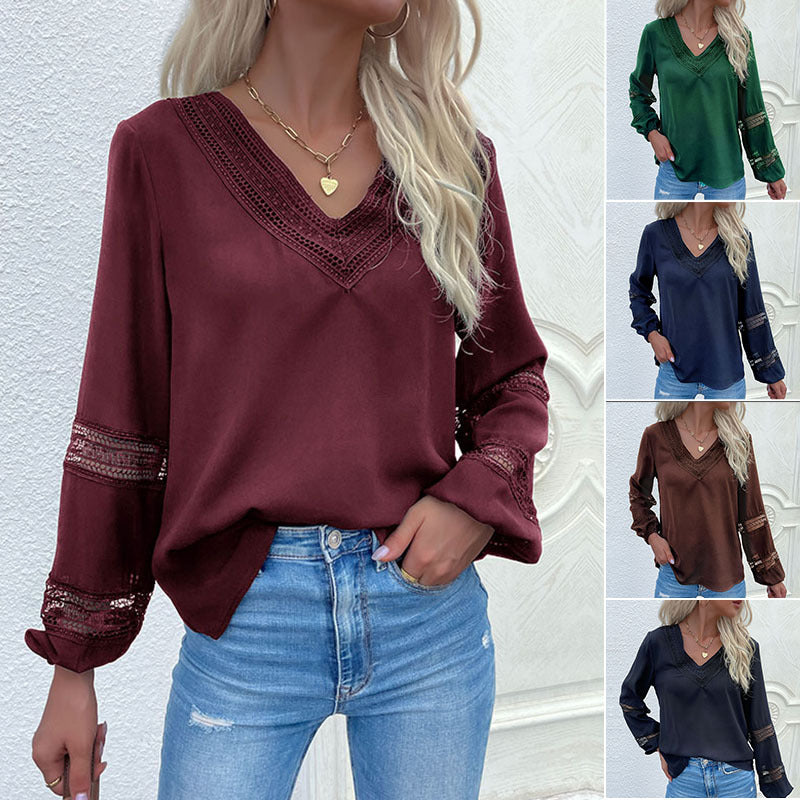 Ladies satin blouse with V-neck, decorative lace yoke and sleeves with lace insert Chichicherry