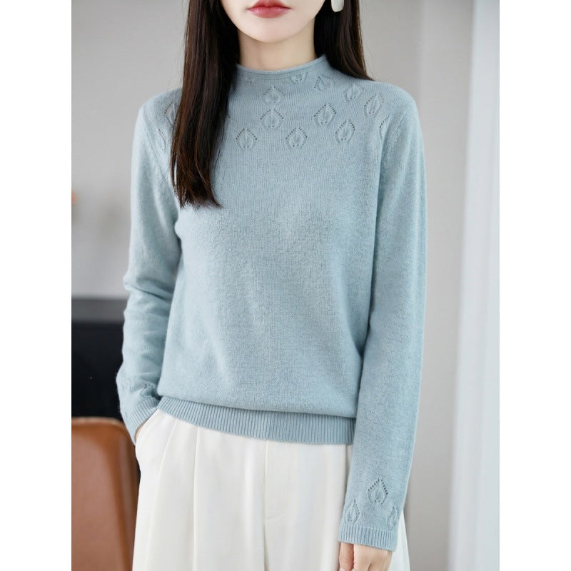 Ladies Light Stand Collar Sweater with Floral Yoke and Fine Ribbed Edge Chichicherry