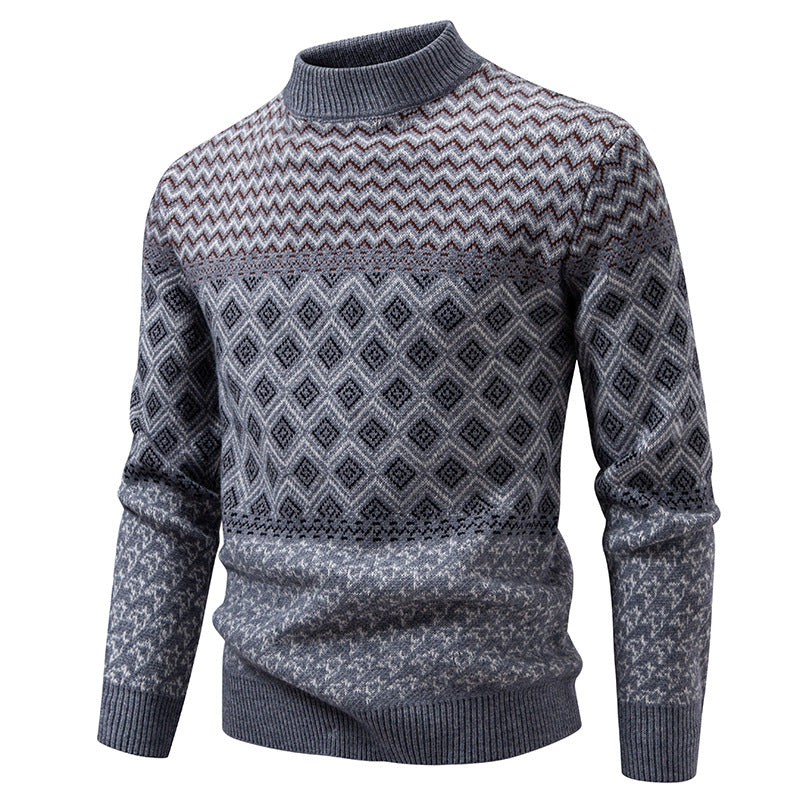Men's fine knit mock neck sweater with geometric jacquard and ribbed finishes Chichicherry