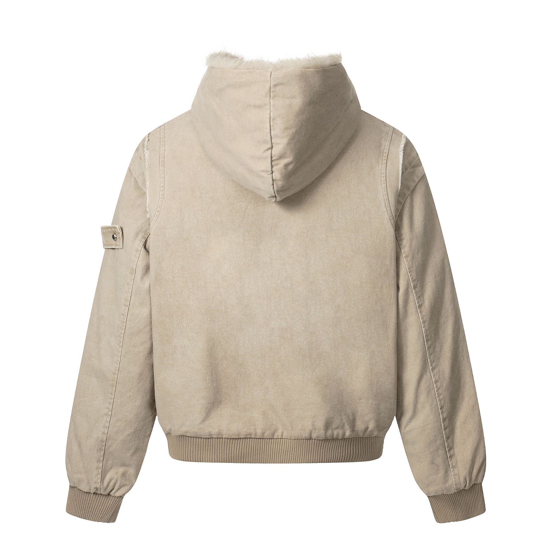 Men's Vintage-Inspired Denim Bomber Jacket with Teddy Fur Hood Chichicherry