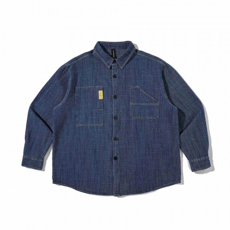 Unisex Boxy Denim Overshirt in Worker Look with Patch Pockets and Rounded Hem Chichicherry