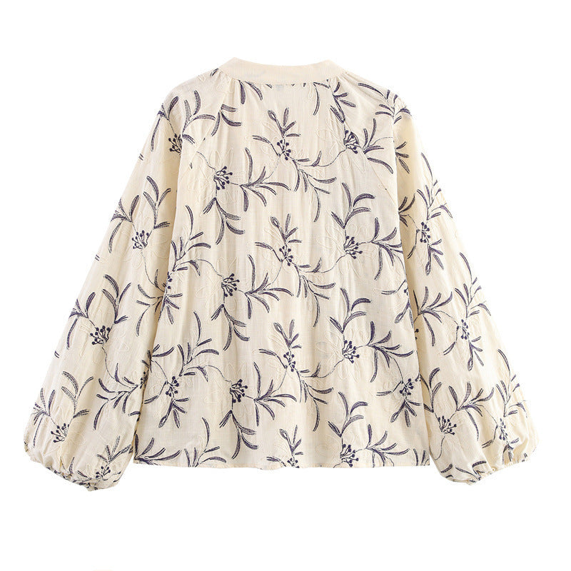 Women's Lightweight Embroidered Blouse Top with Balloon Sleeves and Tie Slit Chichicherry