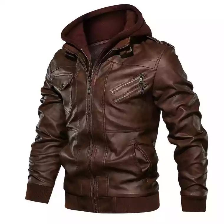 Men's Urban Faux Leather Hooded Jacket with Teddy Lining and Multifunctional Pockets Chichicherry