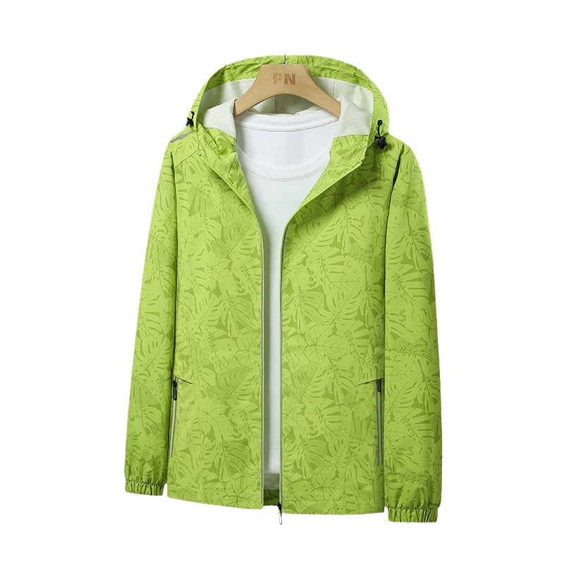 Men's Lightweight Hooded Windbreaker with Botanical Allover Print and Elastic Cuffs Chichicherry