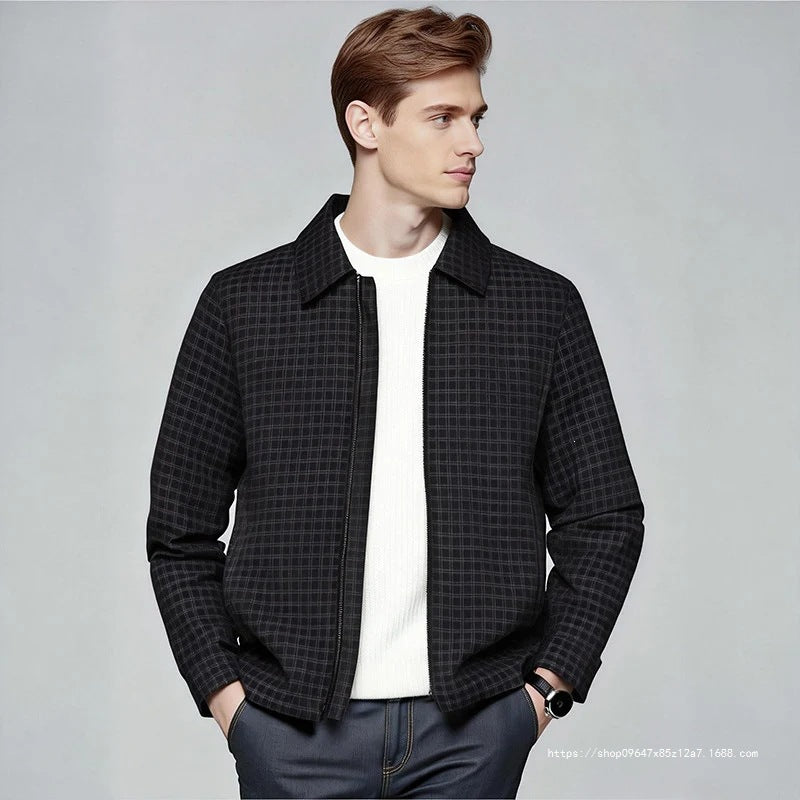Men's Lightweight Checked Overshirt Jacket with Concealed Two-Way Zipper and Shirt Collar Chichicherry
