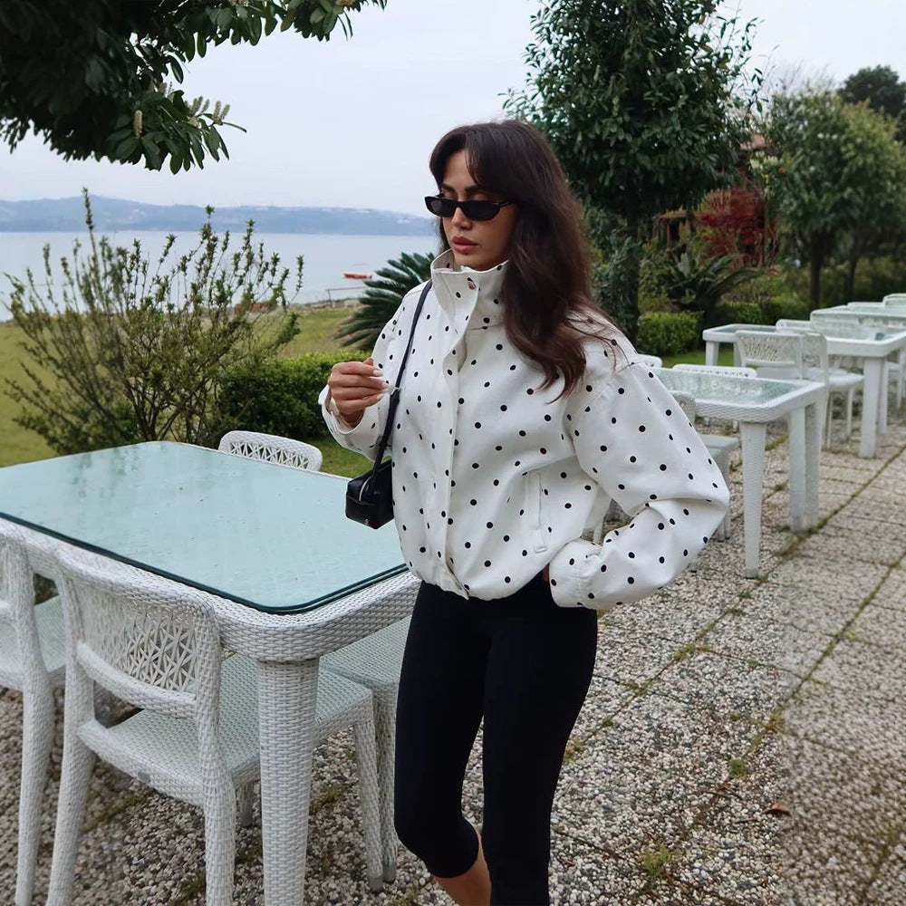 Women's Oversize Blouson with Stand-Up Collar and Polka Dot Print Chichicherry