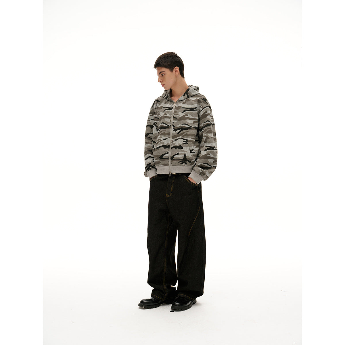 Unisex Oversized Hoodie Jacket with Full Zip and Camouflage Print Chichicherry