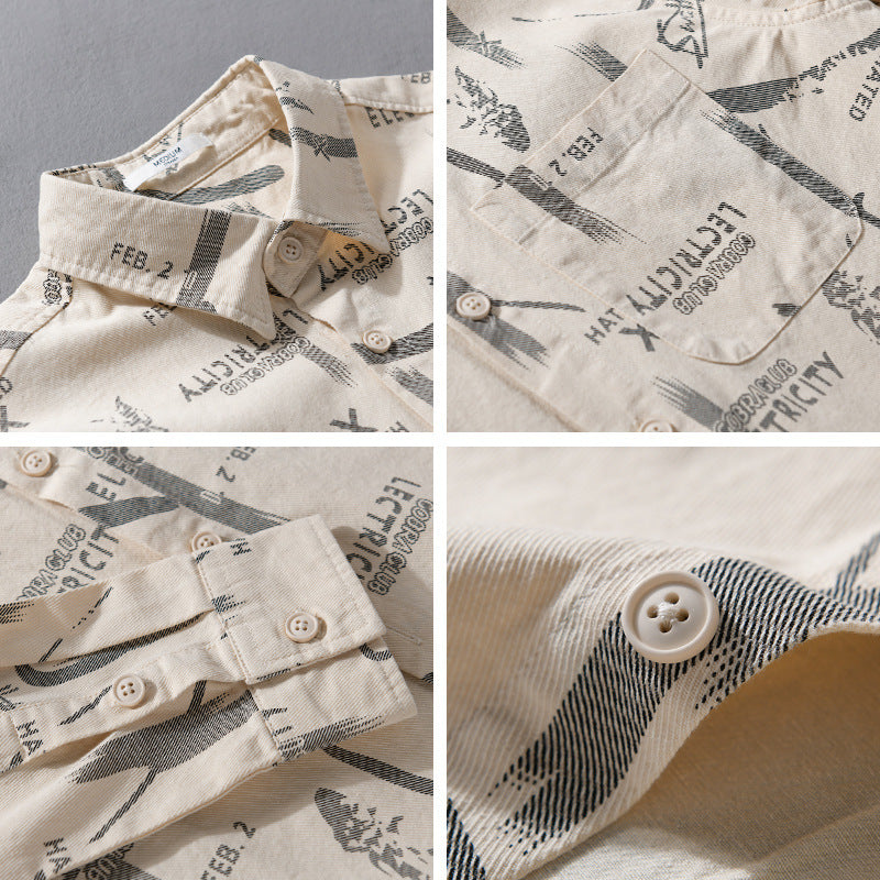 Men's Lightweight Cotton Crinkle Shirt in Relaxed Fit with Typo Allover Print and Applied Chest Pocket Chichicherry