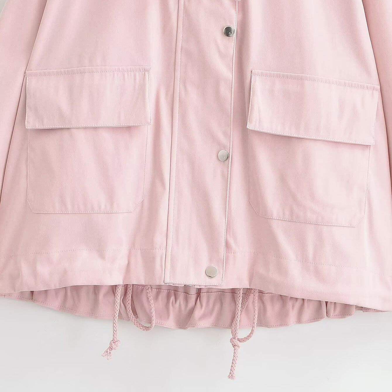 Women's Short Water-Repellent Hooded Jacket with Drawstring, Snap Button Placket, and Flap Pockets Chichicherry