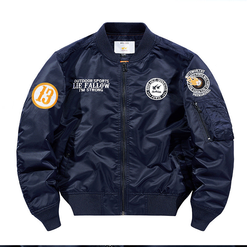 Men's lightweight pilot bomber jacket with badge appliqués, arm pocket, and ribbed cuffs Chichicherry