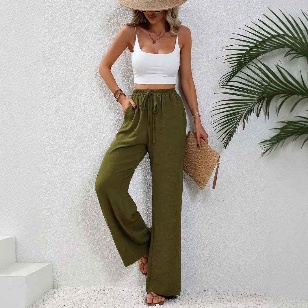 Women's Light Palazzo Pants with Elastic Waistband, Drawstring, and Side Pockets Chichicherry