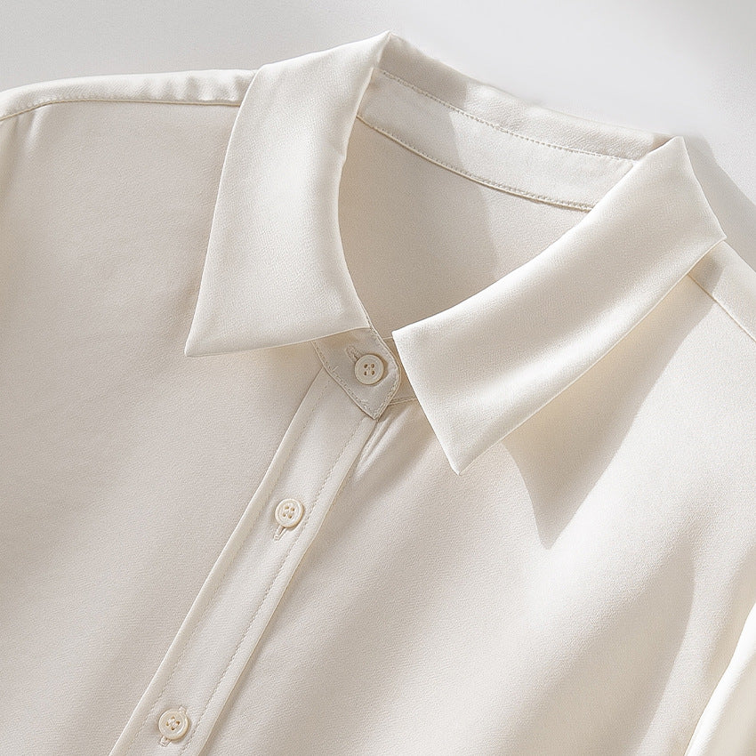 Women's Silk Look Blouse with Shirt Collar, Concealed Button Placket and Extended Cuff Detail Chichicherry