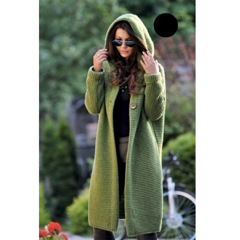 Women's Hooded Knit Coat with Oversized Cut and Button Placket Chichicherry