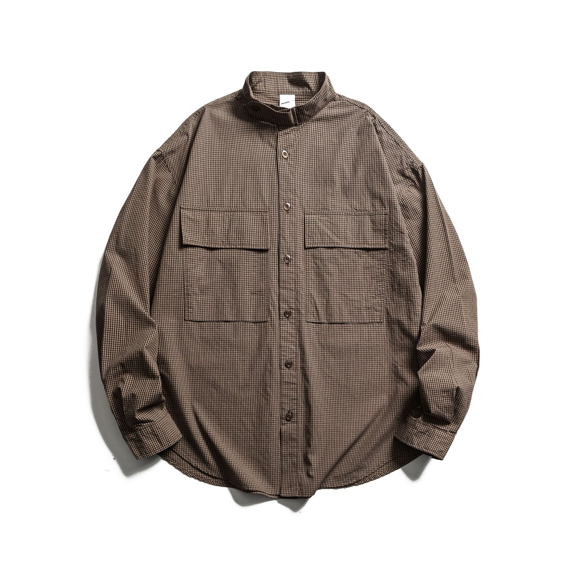 Men's Checkered Shirt Jacket with Stand-Up Collar and Patch Chest Pockets Chichicherry