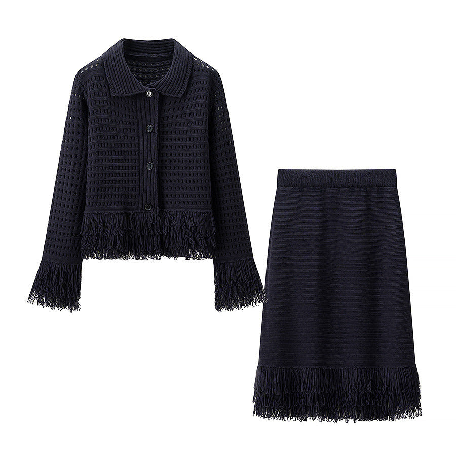 Women's Tailored Cardigan with Fringe Trim and Shirt Collar Chichicherry