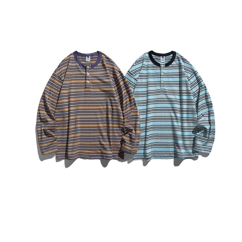 Unisex Striped Long Sleeve Henley Shirt in Oversized Relaxed Fit Chichicherry