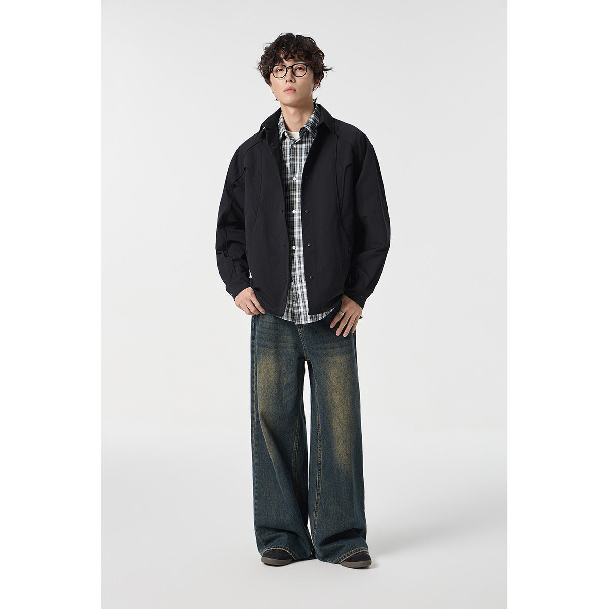 Women's Oversized Shirt Jacket with Curved Seam and Snap Button Placket Chichicherry