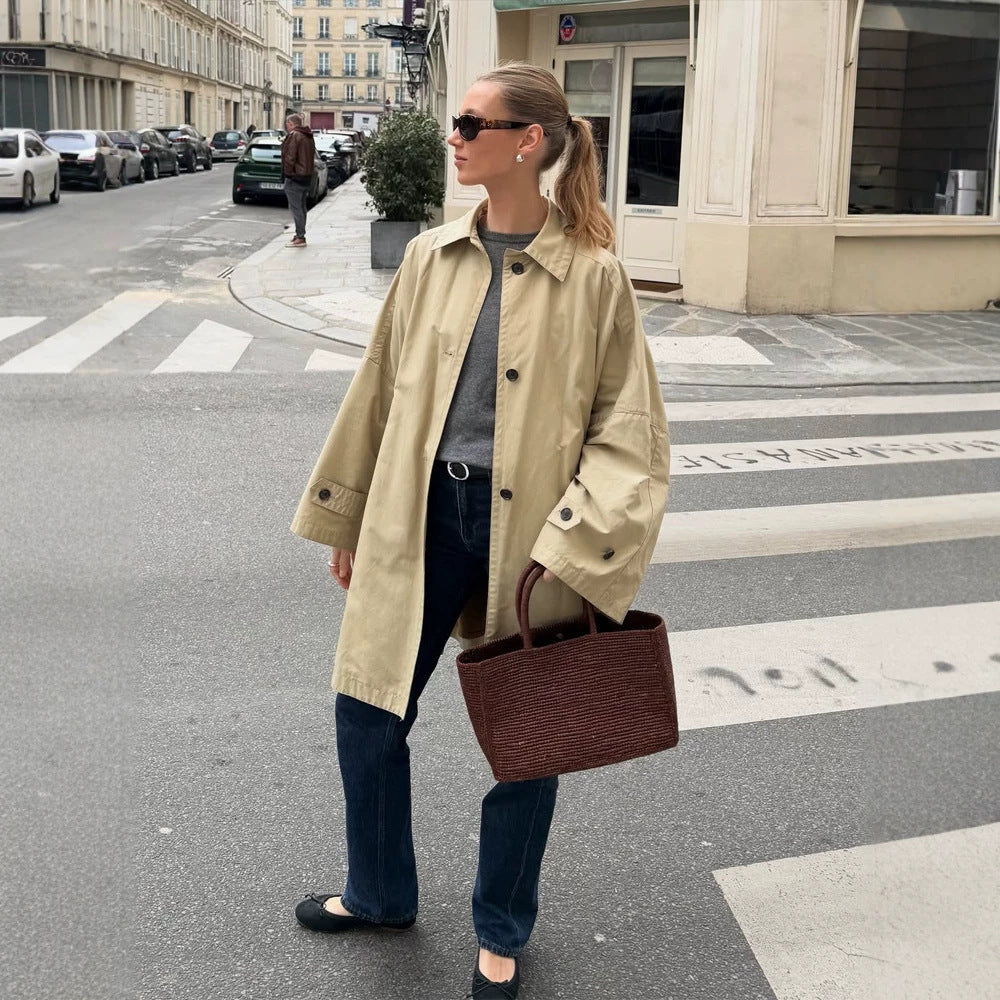 Women's Oversize Cotton Blend Trench Coat with Mid-Length, Straight Cut Chichicherry