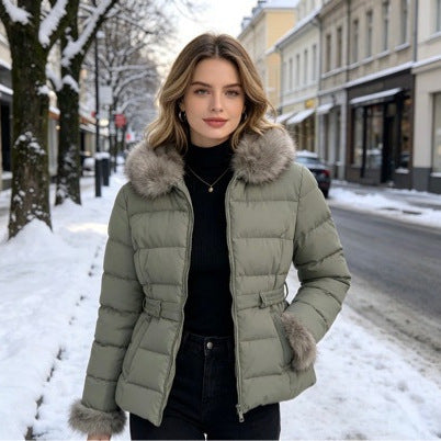 Women's short tailored winter quilted jacket with removable faux fur collar, tonal waist straps and concealed two-way zipper Chichicherry