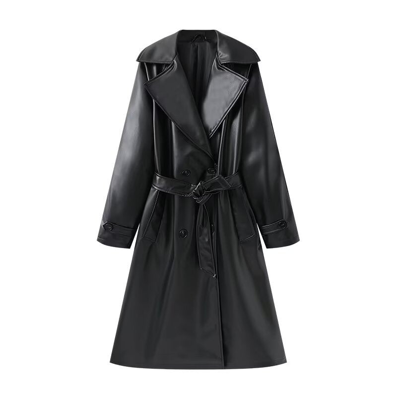 Women's Long Shiny Trench Coat Transition Jacket in Leather Look with Waist Belt Chichicherry