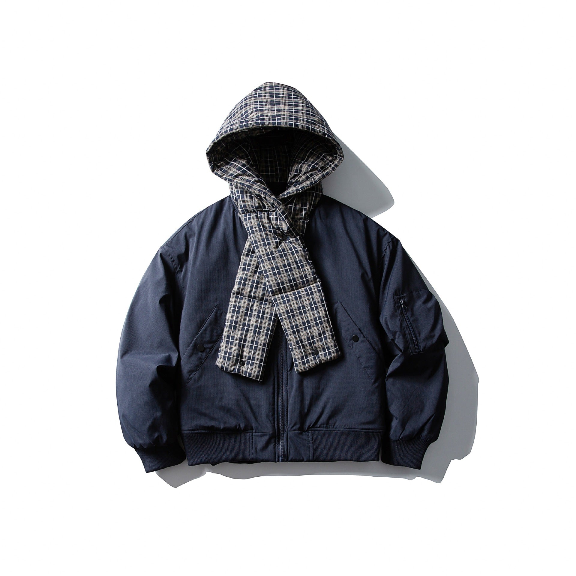 Men's Windproof Bomber Jacket with Quilted Checkered Hood and Integrated Scarf Chichicherry