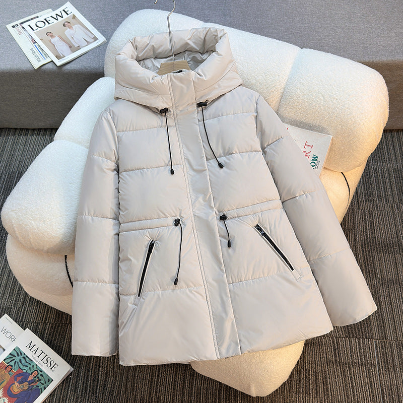 Women's fitted padded quilted jacket with high stand-up collar, adjustable drawstring, and concealed zip pockets Chichicherry