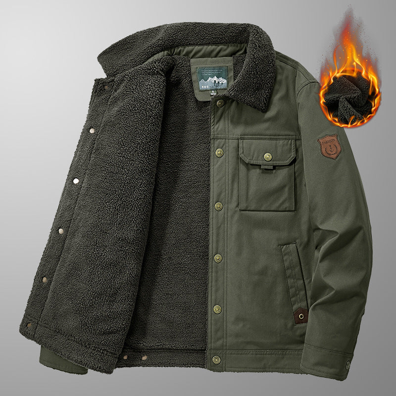 Men's outdoor work jacket made of canvas with warming teddy fleece lining and vintage utility details Chichicherry