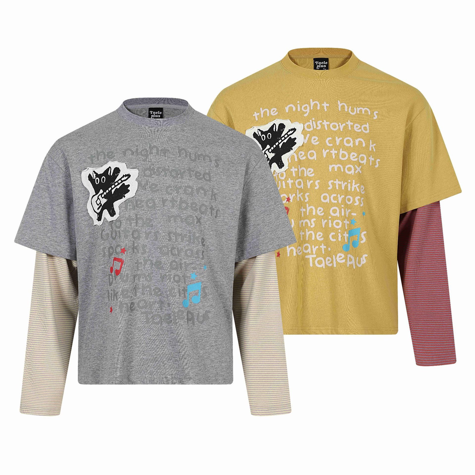 Unisex Layered Look Long Sleeve T-Shirt with Attached Short Sleeve Layer and Graphic Print Chichicherry